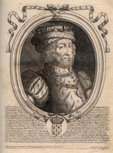 Caribertin, frankkien kuninkaan (561-567) muotokuva - Caribert tai Charibert (k.567) frankkien kuningas - kaiverrus teoksesta "Les Augustes Representations de tous les Kings de France from Pharamond to LouisXIV", Pariisi tekijältä de Larmessin