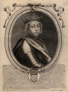 Muotokuva Kaarle IV Belistä (1294 - 1328), Ranskan kuningas - Kaarle IV "Koulullinen" (1294-1328) Ranskan kuningas - kaiverrus teoksesta "Les Augustes Representations de tous les Kings de France from Pharamond to LouisXIV", Pariisi tekijältä de Larmessin