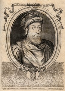 Childebert I:n, frangien kuninkaan muotokuva - kuningas Childebert I (497-558) - kaiverrus teoksesta "Les Augustes Representations de tous les Kings de France from Pharamond to LouisXIV", Pariisi tekijältä de Larmessin