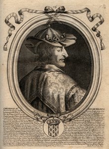 Neutrian kuninkaan Chilperic II (n. 670 - 721) muotokuva - frankkien kuninkaan CHILPERIC II -kaiverrus teoksesta "Les Augustes Representations de tous les Kings de France from Pharamond to LouisXIV", Pariisi tekijältä de Larmessin