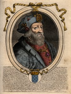 Clotaire (Clothaire) I:n (497-561), Neutrian kuninkaan ja frankkien kuninkaan muotokuva - Clothar I, frankkien kuningas - kaiverrus teoksesta "Les Augustes Representations de tous les Kings de France from Pharamond to LouisXIV", Pariisi tekijältä de Larmessin