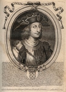 Muotokuva Clovis II:sta, frangien kuninkaan (v.633-657) - Clovis II:n (n.634-657), Merovingien frankkien Neutrian ja Burgundin kuninkaasta (639-657) - kaiverrus teoksesta "Les Augustes Representations de tous les Kings" de France Pharamondista LouisXIV