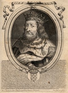 Clovis I:n (s. 466 - 511), frankkien kuninkaan muotokuva - Clovis I:n (466-511), frankkien kuninkaan muotokuva - kaiverrus teoksesta "Les Augustes Representations de tous les Kings de France from Pharamond to LouisXIV", Pariisi tekijältä de Larmessin