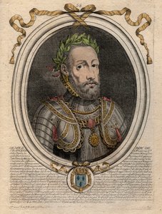 Muotokuva Henrik II:sta (1519-1559) Ranskan kuningas - Henrik II (1519-59), Ranskan kuningas - kaiverrus teoksesta "Les Augustes Representations de tous les Kings de France from Pharamond to LouisXIV", Pariisi tekijältä de Larmessin