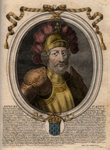 Hugues I Capetin (n. 941 - 996), Ranskan herttua ja Ranskan kuninkaan muotokuva - Hugues I Capetin (n. 941-996), Ranskan kuninkaan muotokuva - kaiverrus teoksesta Les Augustes Representations de tous les Kings de France from Pharamond LouisXIV