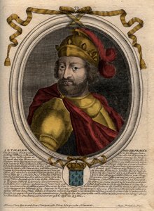 Lothairin (941-986), frankkien kuninkaan muotokuva - Lothair (941-986) Ranskan kuningas - kaiverrus teoksesta "Les Augustes Representations de tous les Kings de France from Pharamond to LouisXIV", Pariisi tekijältä de Larmessin