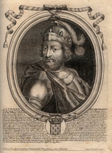 Lothairin (941 - 986), frankkien kuninkaan muotokuva - Lothair (941-986) Ranskan kuningas - kaiverrus teoksesta "Les Augustes Representations de tous les Kings de France from Pharamond to LouisXIV", Pariisi tekijältä de Larmessin