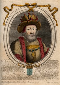 Ludvig II Begue tai Faineant (846 - 879), frangien kuninkaan muotokuva - Ludvig II Stammerer 848-879 - kaiverrus teoksesta "Les Augustes Representations de tous les Kings de France from Pharamond to LouisXIV", Pariisi tekijältä de Larmessin