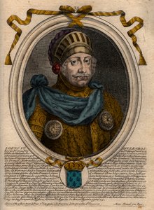 Ludvig VI:n muotokuva, nimeltään The Fat - kaiverrus teoksesta "Les Augustes Representations de tous les Kings de France from Pharamond to LouisXIV", Pariisi tekijältä de Larmessin