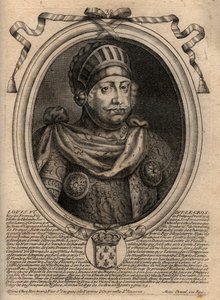 Ludvig VI:n muotokuva, nimeltään The Fat - kaiverrus teoksesta "Les Augustes Representations de tous les Kings de France from Pharamond to LouisXIV", Pariisi tekijältä de Larmessin