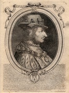Ludvig XI:n (1423-1483), Ranskan kuninkaan muotokuva - Ludvig XI:n (1423-1483), Ranskan kuninkaan muotokuva - kaiverrus teoksesta "Les Augustes Representations de tous les Kings de France from Pharamond to LouisXIV", Pariisi tekijältä de Larmessin
