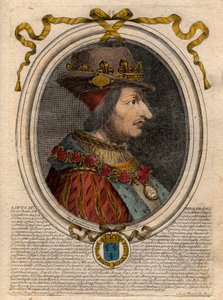 Ludvig XI:n (1423-1483), Ranskan kuninkaan muotokuva - Ludvig XI:n (1423-1483), Ranskan kuninkaan muotokuva - kaiverrus teoksesta "Les Augustes Representations de tous les Kings de France from Pharamond to LouisXIV", Pariisi tekijältä de Larmessin