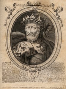 Muotokuva Meroveesta tai Merovech Roi francista (v. 458) Merovingien rodun ensimmäinen kuningas - Merovechin (Meroveuksen) muotokuva (k. 456) Salian frankkien kuninkaan muotokuva - kaiverrus Les Augustes Representations de tous les Kings de Francesta Phara