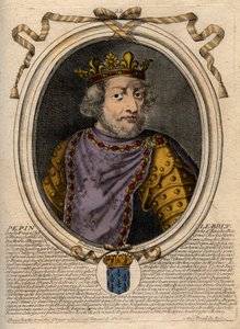 Muotokuva: Pepin III dit Pepin le Brief (714-768) Ranskan kuningas - Pepin III (714-768) (Pepin Lyhyt) frankkien kuningas - kaiverrus teoksesta "Les Augustes Representations de tous les Kings de France Pharamondista LouisXIV:hen" 
