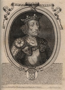 Muotokuva Robert II hurskasta (n. 972 - 1031), Ranskan kuningas - kuningas Robert II, jota kutsutaan hurskaksi - kaiverrus teoksesta "Les Augustes Representations de tous les Kings de France from Pharamond to LouisXIV", Pariisi