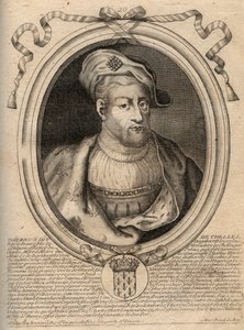 Muotokuva frankkien kuninkaan Thierry IV:stä (713-737) 721-737 - THIERRY IV (Theodoric) frankkien kuningas - kaiverrus teoksesta "Les Augustes Representations de tous les Kings de France from Pharamond to LouisXIV", Pariisi tekijältä de Larmessin