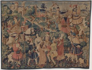 Metsästys ja pastoraalikohtaukset säkkipillin ja tanssijoiden kanssa tekijältä design probably French 16th Century, Paris; woven in southern Netherlands or Paris in an undetermine workshop