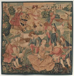 Metsästys- ja pastoraalisuuskohtaukset, jossa seppeleen pukeutunut sankari naisten välissä tekijältä design probably French 16th Century, Paris; woven in southern Netherlands or Paris in an undetermine workshop