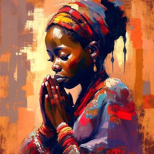 Digitaalinen kangasmaalaus: Afrikkalainen tyttö meditaatiossa, seinätaidevedoksia