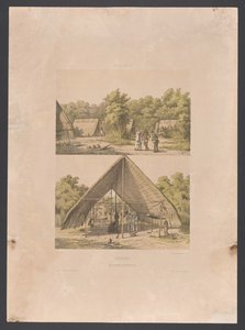 Arowakin leiri Surinamessa Suriname. Arowakka Indian Camp (otsikko esineessä) Länsi-Intia (sarjan nimi esineellä) Näkymiä Alankomaiden Länsi-Intialta (sarjan nimi) tekijältä jonkheer Jacob Eduard van Heemskerck