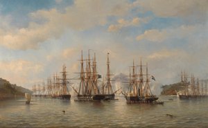 Hollantilaiset, englantilaiset, ranskalaiset ja amerikkalaiset laivueet Japanin vesillä ranskalaisen komentajan Constant Jaurèsin johtaman tutkimusmatkan aikana syyskuussa 1864 tekijältä jonkheer Jacob Eduard van Heemskerck