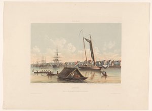 Ranta ja reidi Paramaribossa Suriname. Näkymä Waterkantille ja Paramaribon Roadsteadille (otsikko esineessä) tekijältä jonkheer Jacob Eduard van Heemskerck