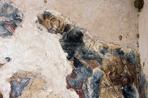 Enkeli ja pyhimys, yksityiskohta freskosta Agios Georgios Apodouloun kirkossa, Apodoulou, Kreeta, Kreikka (kuva) tekijältä Theodore Charles Ange Coquelin