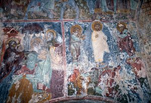 Kristus ja pyhät, fresko bysanttilaisessa Sotiras Christoksen kirkossa, Vlithias, Kreeta, Kreikka (kuva) tekijältä Theodore Charles Ange Coquelin