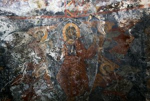 Kristus enkelien ja pyhimyksen kanssa, fresko Panagian kirkossa, Kitiros, Kreeta, Kreikka (kuva) tekijältä Theodore Charles Ange Coquelin