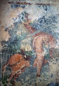 Mies hevosen selässä miekalla, fresko bysanttilaisessa Agios Athanasiosin kirkossa, Kefali, Kreeta, Kreikka (kuva) tekijältä Theodore Charles Ange Coquelin