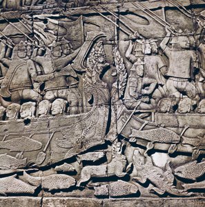 Meritaistelu Chamin ja khmerien välillä, yksityiskohta Bayonin temppelin bareljeefista (1200-luku), Angkor Thom, Angkorin arkeologinen kohde (UNESCOn maailmanperintöluettelo)