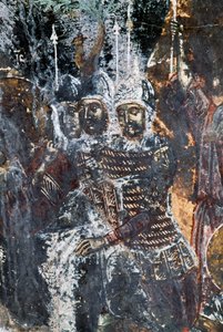 Sotilas, vaurioitunut fresko Agios Vasileiosin kirkon katossa, Vavouledo, Kreeta, Kreikka (kuva) tekijältä Theodore Charles Ange Coquelin
