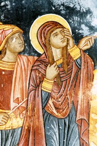 St Longinus ja Mary, Ristiinnaulitsemiskohtaus, fresko Mikro Sotiris -luostarissa, Symin saari, Kreikka (kuva) tekijältä Theodore Charles Ange Coquelin