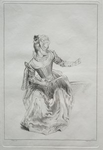 Nainen pitelee tuuletinta tekijältä possibly by Benoit II Audran
