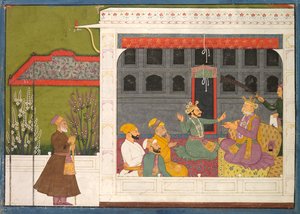 Shispul riitelee Rukminin isän, Bhishmakan kanssa, sivu Rukmini Mangal -sarjasta tekijältä possibly by Mola Ram