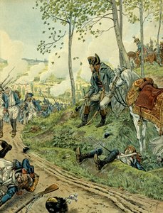 Italian kampanja (1799-1800): Napoleon I Bonaparte (1769-1821) Marengon taistelussa 14. kesäkuuta 1800 Piemontissa (Italia) vastustaen Napoleonin ja Itävallan armeijaa. Kuvitus: Jacques Marie Gaston Onfray de Breville dit JOB (1858-1931). Yksityinen C tekijältä pseudonym for Onfray de Breville Jacques Job