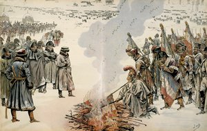 Venäjän kampanja (1812): Venäjän vetäytymisen aikana Napoleon I Bonaparte (1769-1821) käski polttaa liput ja kotkat estääkseen vihollista valtaamasta niitä. Georges Montorgueilin teoksessa "Napoleon". Kuvitus: Jacques Marie Gaston Onfray tekijältä pseudonym for Onfray de Breville Jacques Job