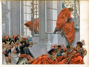 Konsulaatti: Joachim Murat (1767-1815) astuu viiden sentin neuvoston kammioon (500:n huone) 50 miehen kanssa karkottamaan senaattorit 18-sumun vallankaappauksen aikana (11.9. /1799), joka lopetti johtokunnan ja synnytti johtokunnan tekijältä pseudonym for Onfray de Breville Jacques Job