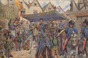 Väkijoukkoja Pariisin kaduilla tervehtimässä Ludvig XI:tä tämän saapuessa Burgundiasta vaatimaan valtakuntaansa isänsä Kaarle VII:n kuoleman jälkeen (värilitho) tekijältä pseudonym for Onfray de Breville Jacques Job