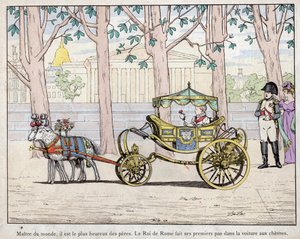 Keisari Napoleon I Bonaparte (1769-1821) poikansa prinssi Napoleon Francois Charles Joseph Bonaparten kanssa, josta tuli Rooman kuningas Napoleon II, jota myöhemmin kutsuttiin myös Aigloniksi – Napoleon katselee Italian kuningasta (Napoleon II) ottavan ens tekijältä pseudonym for Onfray de Breville Jacques Job