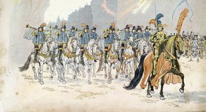 Kuningas Kaarle VI:n (1368-1422) Entrée Pariisissa säestää kolmekymmentä trumpettia. "" Ranskassa, hänen tarinansa kertoi G. Montorgueil, kuva Job""" 1896. Yksityinen kokoelma. tekijältä pseudonym for Onfray de Breville Jacques Job