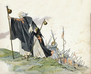 Ensimmäinen ristiretki: Pietari Erakko (1050-1115) johtaa ristiretken huutoon "Jumala tahtoo!" . Hänellä on takki yllään, hän lyö ristillä ja kädessään peleriinibumble. Pieni tyttö, joka symboloi Ranskaa, seuraa häntä. "" Ranskassa, hänen tarinansa kertoi  tekijältä pseudonym for Onfray de Breville Jacques Job