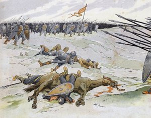Ranskan ja Englannin sota (1202-1214): Sotilaat, jotka kuolivat Bouvinesin taistelussa 27.7.1214, joka vastusti Philippe Augusten ranskalaista armeijaa Othon IV:n flaamilaisia ja Welfiä vastaan. teoksessa "Ranska, sen tarinan kertoi G. Montorgueil, kuva Jo tekijältä pseudonym for Onfray de Breville Jacques Job