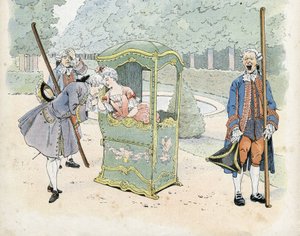 Ranskalainen urhoollisuus 1700-luvulla: nuori mies suutelee naisen kättä pyörätuolissa. teoksessa "Ranska, hänen tarinansa kertoi G. Montorgueil, kuvan toi Job" 1896. Yksityinen kokoelma. tekijältä pseudonym for Onfray de Breville Jacques Job