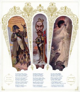 Ranskan sotilaskoulutus, pilakuva Norjan kuningas Haakon VII:stä ja marokkolaisista siirtolaisista Ranskassa (värilitho) tekijältä pseudonym for Onfray de Breville Jacques Job