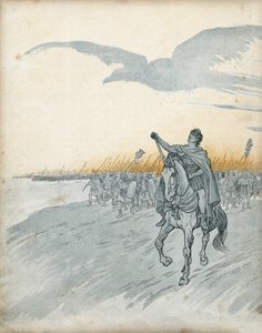 Gallin sota: Gaius Julius Caesar (silloin Jules cesar) (100-44 eKr.) ja hänen armeijansa hyökkäävät Galliaan. Taivaalle ilmestyy kotkan varjo, Rooman valtakunnan symboli. teoksessa "Ranska, hänen tarinansa kertoi G. Montorgueil, kuvannut Job" 1896. Yksityi tekijältä pseudonym for Onfray de Breville Jacques Job