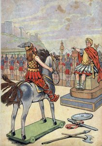 Ranskan historia. Kohtaus Rooman Galliasta leluineen: Gallialainen johtaja Vercingetorix (72-46 eKr.) menee roomalaisen päällikön Jules Cesarin (100-44 eKr.) luo Alesian taistelun jälkeen vuonna 52 eaa. elokuvassa "" Leikitään historiaa: Ranska kahden pien tekijältä pseudonym for Onfray de Breville Jacques Job