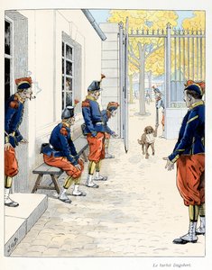 Kuvitus poimittu A Fabren "A la gloire des betes" -kirjasta, piirustukset Jacques Marie Gaston Onfray de Breville dit JOB (1858-1931), kustantaja Maison Alfred Mame et fils: The Barbet Dagobert (kasarmissa Pariisissa) ), Kokoelma osittainen tekijältä pseudonym for Onfray de Breville Jacques Job