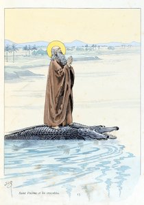 Kuvitus kirjasta "A la Glory des Betes" A Fabren teksti, piirustukset Jacques Marie Gaston Onfray de Breville dit JOB (1858-1931), toimittaja Maison Alfred Mame et fils: Saint Pacome (abbe 292-348) ja Krokotiilit, yksityinen kokoelma tekijältä pseudonym for Onfray de Breville Jacques Job