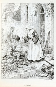 Kuvitus kirjasta "La Grande Guerre par les artistes": "" La cigarette Septembre 1914""" uskonnollinen, joka antaa savukkeen haavoittuneelle sotilaalle, Jacques Marie Gaston Onfray de Breville dit JOB (1858-1931), Osittainen kokoelma tekijältä pseudonym for Onfray de Breville Jacques Job